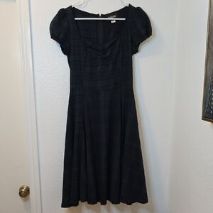 Collectif Black Plaid Square Neck Puff Sleeve Midi Dress